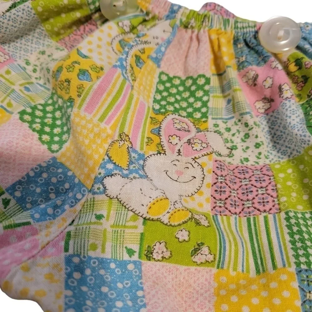 Vintage 70s Easter or Summer Romper with Bunny Rabbit Plaid Quirky OOAK